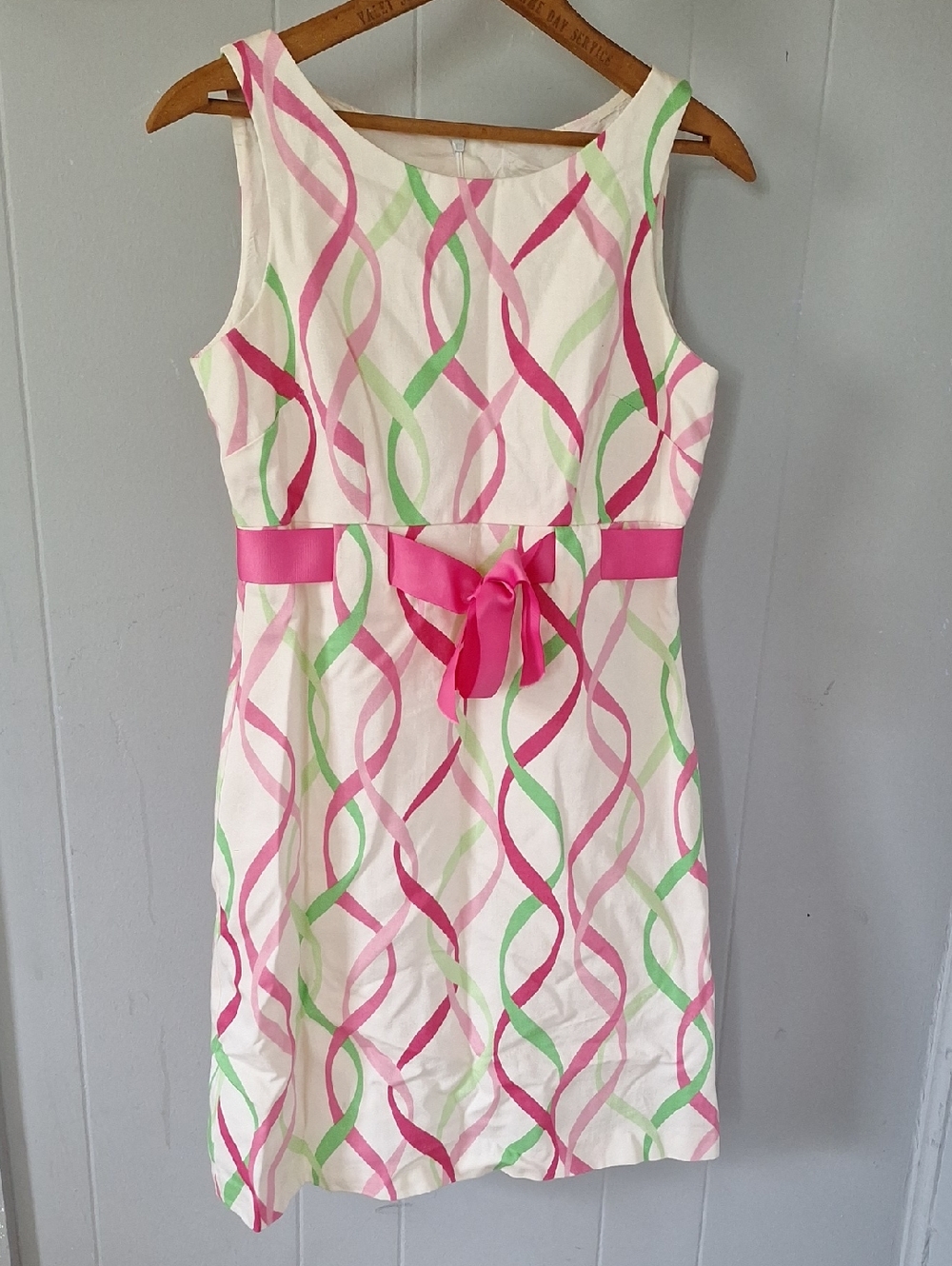 Jessica Howard White Dress with Pink and Lime Ribbon Print and Hot Pink Sash